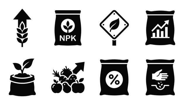 Fertilizer and agriculture icons with wheat sprout NPK bag growth sign plant seedling and hand sowing seeds