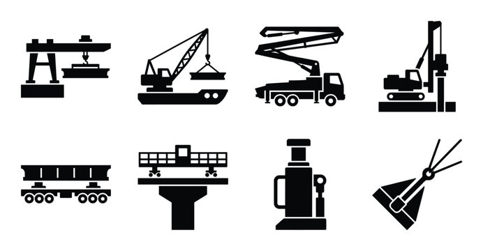 Heavy construction machinery and industrial equipment icons, black vector set for building projects