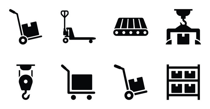 Industrial machinery and equipment for material handling and logistics, black vector icons set