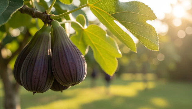 A close-up, eye-level view of ripe figs hanging from a branch of a fig tree. Four dark purple figs are clustered together on the left side of the frame