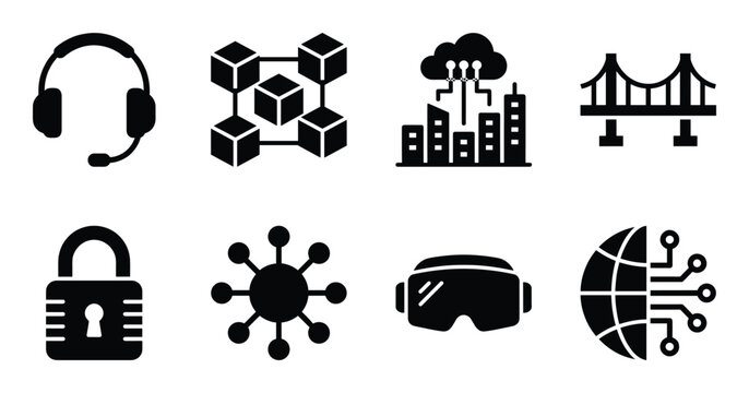 Metaverse technology icon set featuring virtual reality headset blockchain security and connectivity