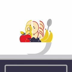 Naklejka premium Fruit Bowl Illustration with Colorful Fresh Apples Kiwi Bananas and Berries for Healthy Diet