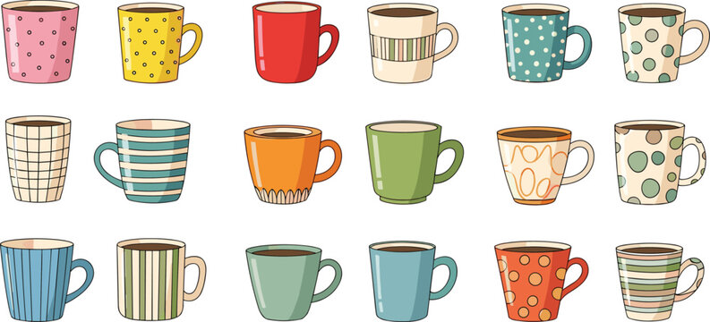 Colorful Coffee Mug Collection with Hand Drawn Cups and Various Patterns Set for Kitchen Decor, Cafe Branding, Beverage Illustrations, and Lifestyle Design