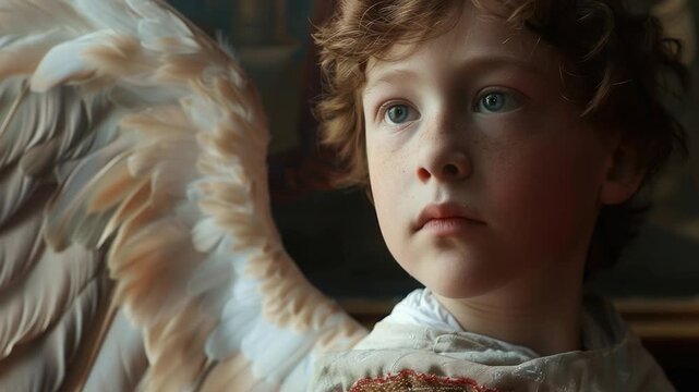 Video A young boy wearing angel wings on his chest, suitable for use in fantasy or adventure scenes