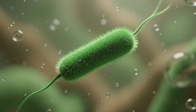 A microscopic, elongated, rod-shaped bacterium with a vibrant green hue, detailed with fuzzy textures