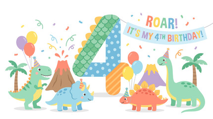 Fototapeta premium Dinosaur 4th Birthday Party – Cute Cartoon Dinosaurs with Balloon Number 4 Vector