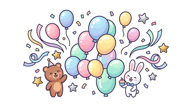 Kids 4th Birthday Celebration &ndash; Colorful Balloon Number 4 with Cute Cartoon Characters Vector