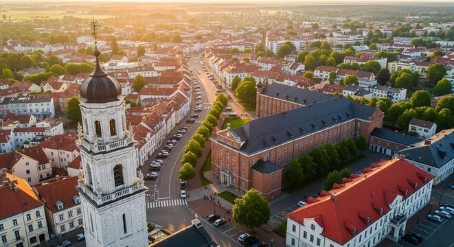Aerial view of G?strow Germany showcasing a historic city center with red rooftops a church tower and charming streets bathed in soft golden sunlight