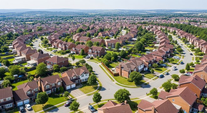 Aerial view of a modern residential neighborhood with red brick houses curving streets green lawns and mature trees on a sunny day