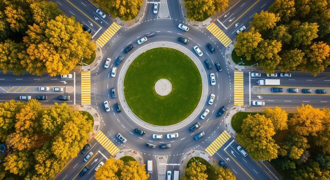 Aerial view of busy traffic roundabout surrounded by autumn trees with yellow foliage showcasing urban transportation and infrastructure