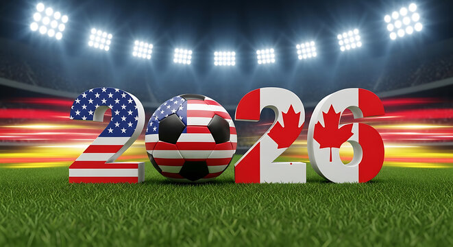 American and canadian soccer ball on green field with 2026 numbers