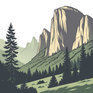 A stylized illustration depicts yosemite s iconic el capitan and surrounding granite cliffs framed by lush evergreen trees and grassy meadows