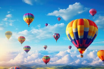 Obraz premium Hot air balloons are floating above white clouds over mountain landscapes at sunrise