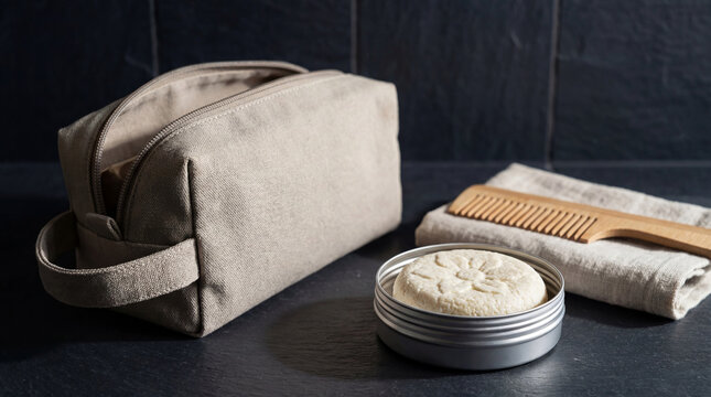 Zero waste toiletry kit with solid soap bar, wooden comb and linen bag. Eco friendly personal care travel set. Plastic free living, sustainable health and hygiene lifestyle concept.