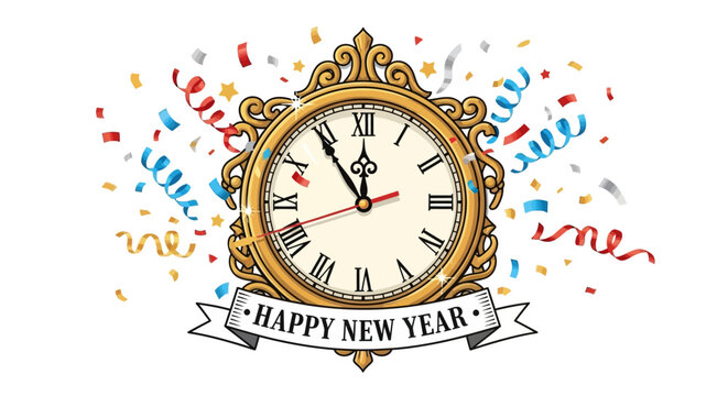A vintage wall clock with a circular dial shows the final minutes approaching the midnight hour, representing a business deadline concept as the new year numbers mark the passage of time
