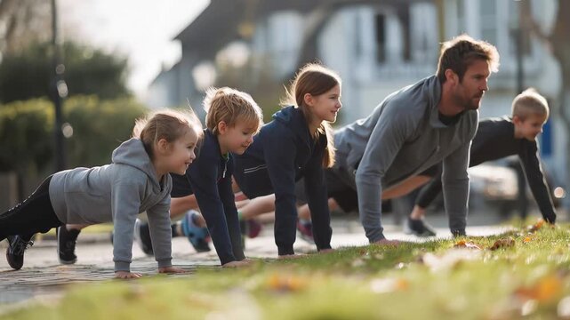 Group of children and adult doing push-ups in a park on a sunny day in autumn while laughing and having fun together