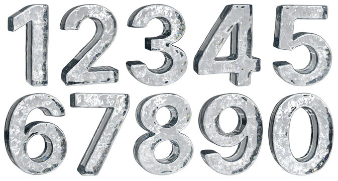 Set of glass clear volumetric numbers with a rough texture from zero to nine. 3d illustration transparent background