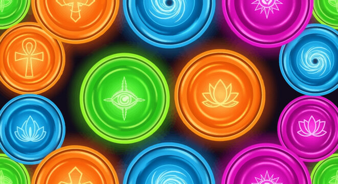 Mystical Symbols & Sacred Geometry Icons on Glowing Circles