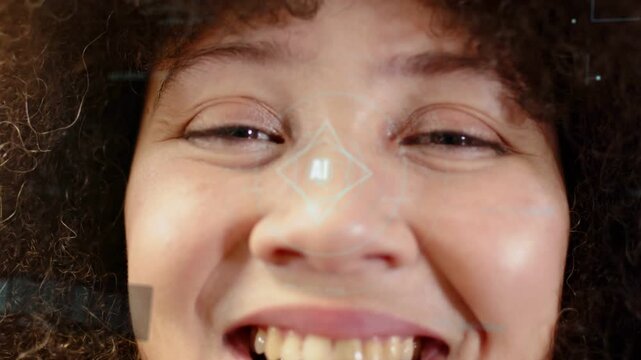 Woman opening eyes while forehead reticle hovering and initiating HUD activation for AI calibration