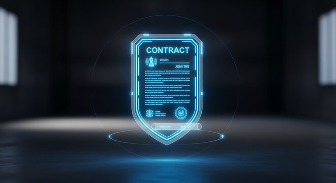 Futuristic digital contract interface glowing in a secure cyber environment, representing advanced technology, online agreements, data integrity, and the future of business and legal frameworks