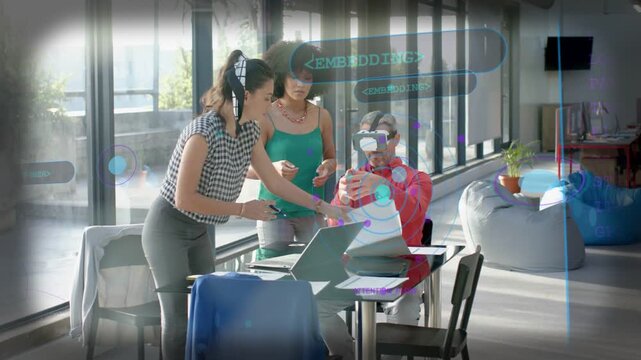 Reacting to AR, team guiding VR user at office, demo testing with laptop, papers, checkered top