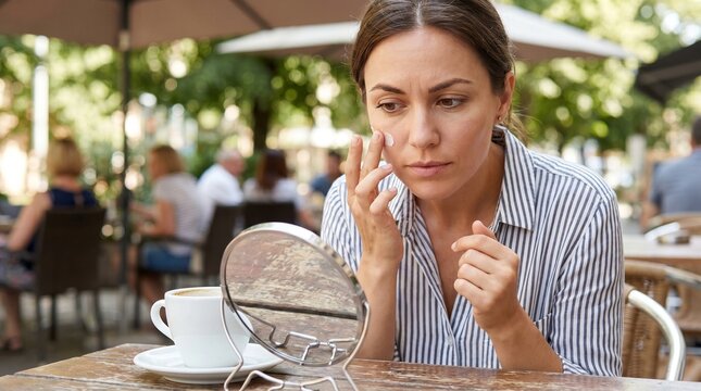 Busy brunette woman with serious mood applying face cream while looking in mirror at outdoor cafe table