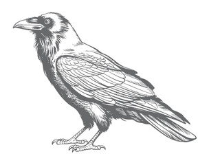 Obraz premium Vintage crow bird standing engraving line art isolated illustration.
