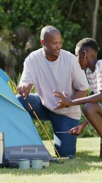 Vertical video: Pointing father guiding son driving pegs on backyard lawn securing blue tent