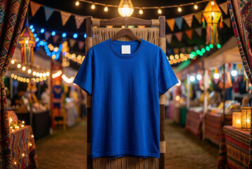 Obraz premium Blue t-shirt mockup hanging outdoors at night market with colorful string lights background.
