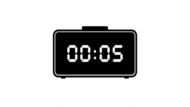 Digital alarm clock counting up from zero to sixty seconds with a black minimalist design on a white background for time management and countdown concepts. 4K video with alpha channel