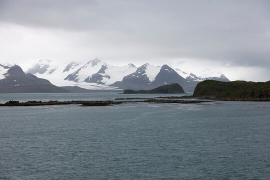 South Georgia landscape with sea on a cloudy winter day.
