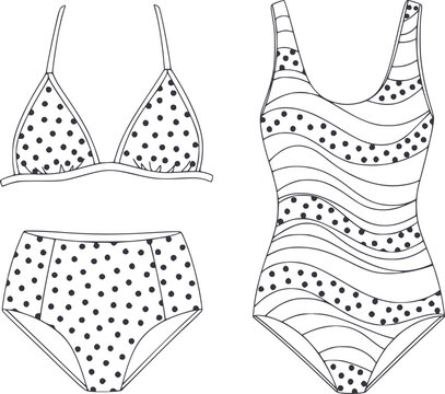 Line of polka dot bikini and one-piece swimsuit white background, swimwear
