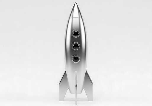 A shiny metal rocket with three circular windows