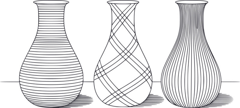 Stylized vases with linear patterns, set against a white background, decorative ceramic