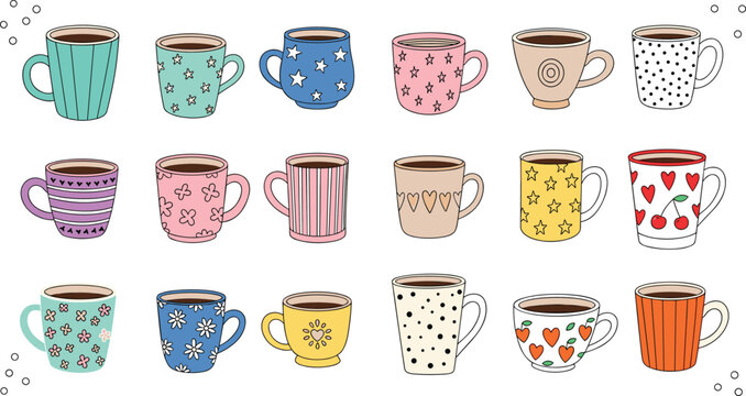 Cute Coffee Mug Collection with Colorful Patterns and Hand Drawn Cups Set for Kitchen Decor, Cafe Branding, Beverage Illustrations, and Lifestyle Designs