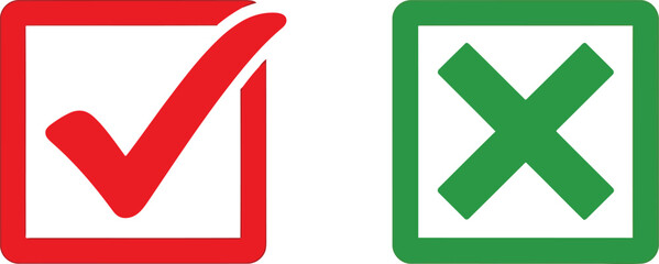 Red check mark and green cross icon in square boxes on white background with inverted colors Vector © JESMIN