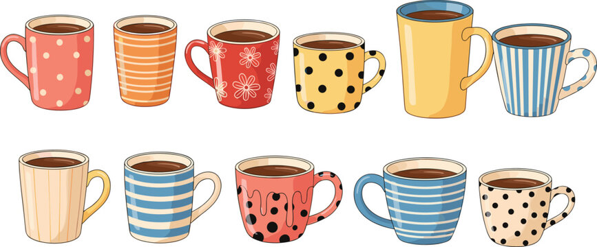Cute Coffee Mug Set with Colorful Polka Dot Striped and Floral Patterns Hand Drawn Cups Collection for Kitchen Decor, Cafe Branding, and Beverage Illustration Design