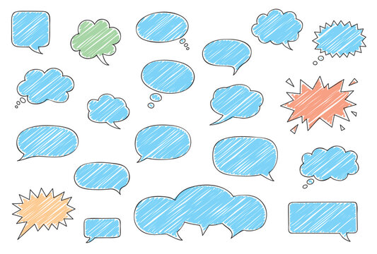 Editable vector set of hand-drawn colorful scribble speech bubbles with sketch texture