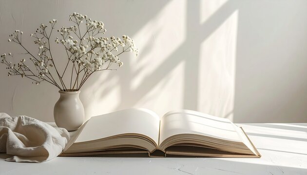 Mockup de un libro sobre fondo neutro, iluminaci&oacute;n suave, estilo minimalista, espacio en blanco para dise&ntilde;o personalizado