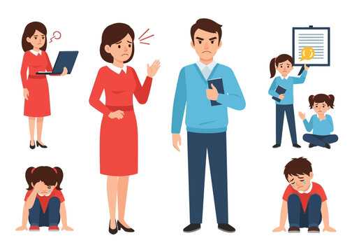 Family Conflict and Negative Emotions Vector Set featuring Angry Parents and Crying Sad Children