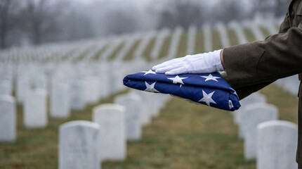 Obraz premium Soldier holding folded United States flag at military funeral in cemetery. Veteran burial ceremony with rows of white headstones. Honor guard tribute to hero during memorial service.