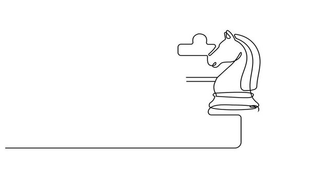 Animated self drawing Continuous one line drawing of Knight chess piece, minimalist line art, simple vector icon, business strategy symbol