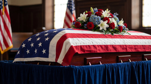 American flag draped over veteran casket with floral arrangement. Funeral ceremony for soldier inside church. Commemoration of hero, military burial service, patriotic farewell concept.