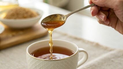 A hand drizzling honey from a spoon into a cup of tea, with a bowl of brown sugar in the background on a light cloth surface.