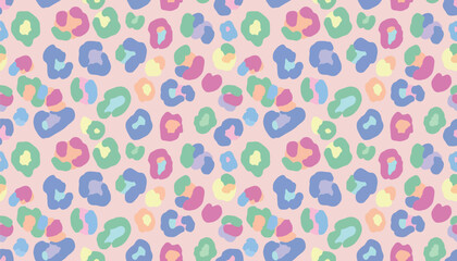 Fototapeta premium Colorful leopard abstract pattern with organic spots in pink, green, blue, and orange tones. Modern and stylish animal skin texture design, fashion, wallpapers, backgrounds, fabric, wrapping paper.