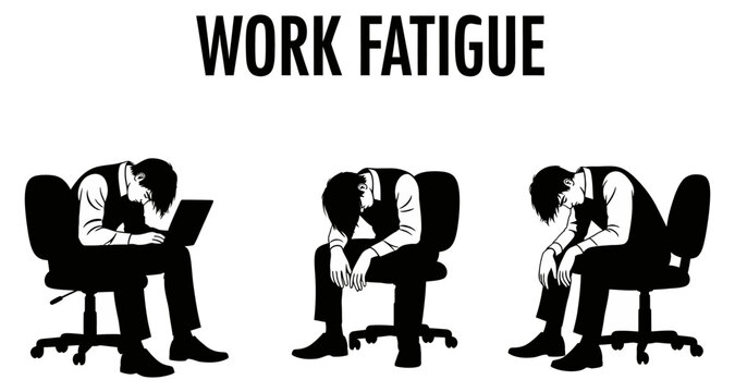 Business man in office chair showing exhaustion from prolonged computer work and stress