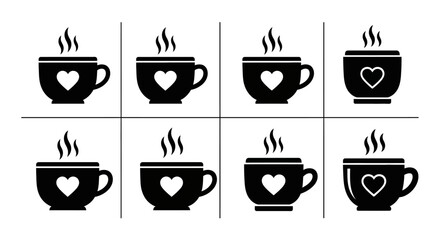 Obraz premium Set of eight simple black vector icons showing steaming cups with heart shapes. Various hot drink mugs with steam on white background in grid