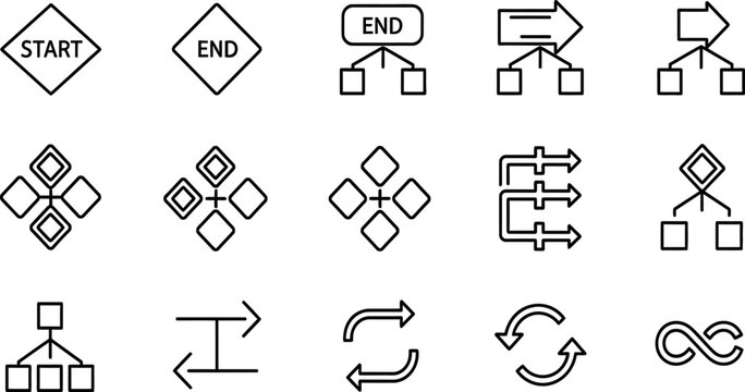 Collection of black and white flowchart symbols representing decision points processes and data flow in diagrams