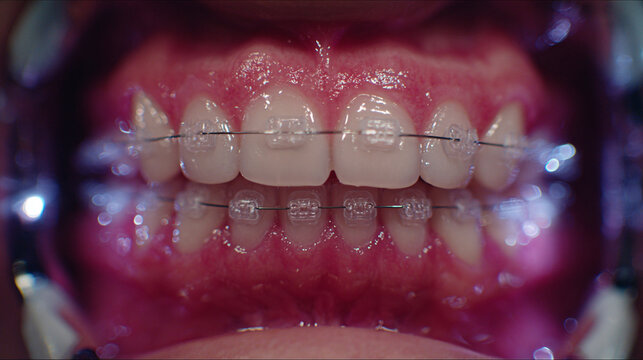 Braces on teeth show straightening process in orthodontic treatment and dental care with clear brackets and wires