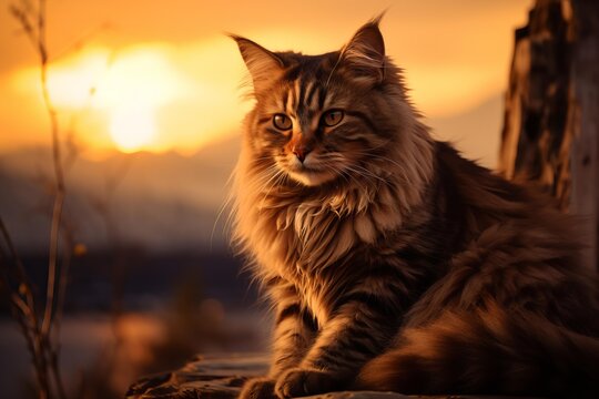 Long haired striped cat sitting outdoors catching warm sunlight during evening
